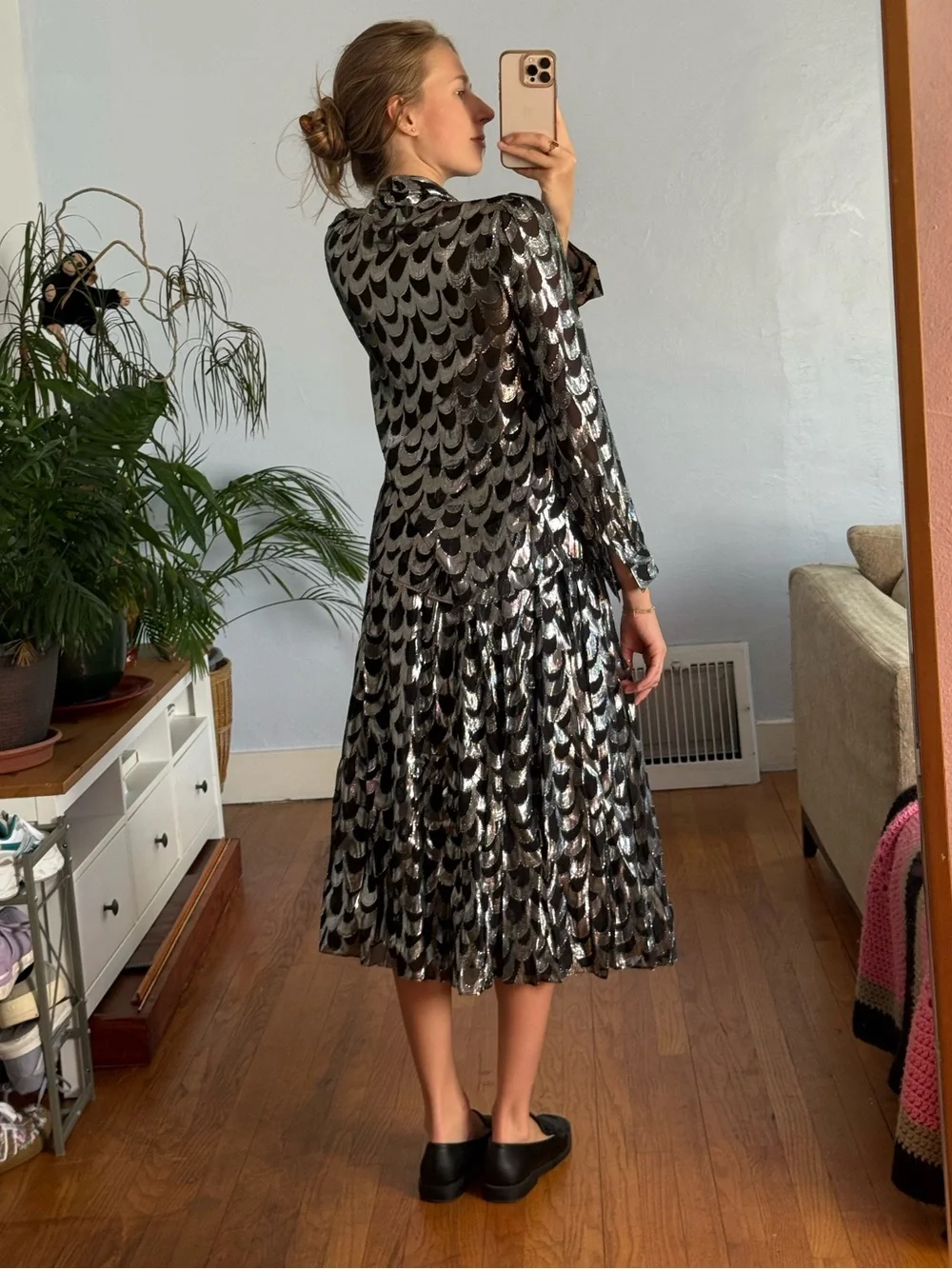 Michael Kors Black and Silver Metallic Patterned Maxi Skirt and Blouse Set